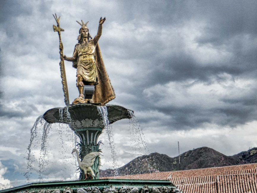 The Plaza de Armas is a popular meeting place for tourists and locals in Cuzco, Peru