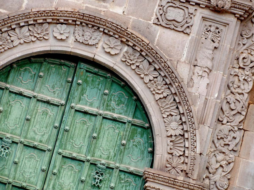 A beautiful old church door in Puno - Lake Titicaca, Peru