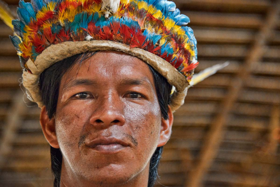 A tribal chief at the Ala Maloca Bora Village in Rio Momon, alongside the Amazon River near Iquitos, Peru
