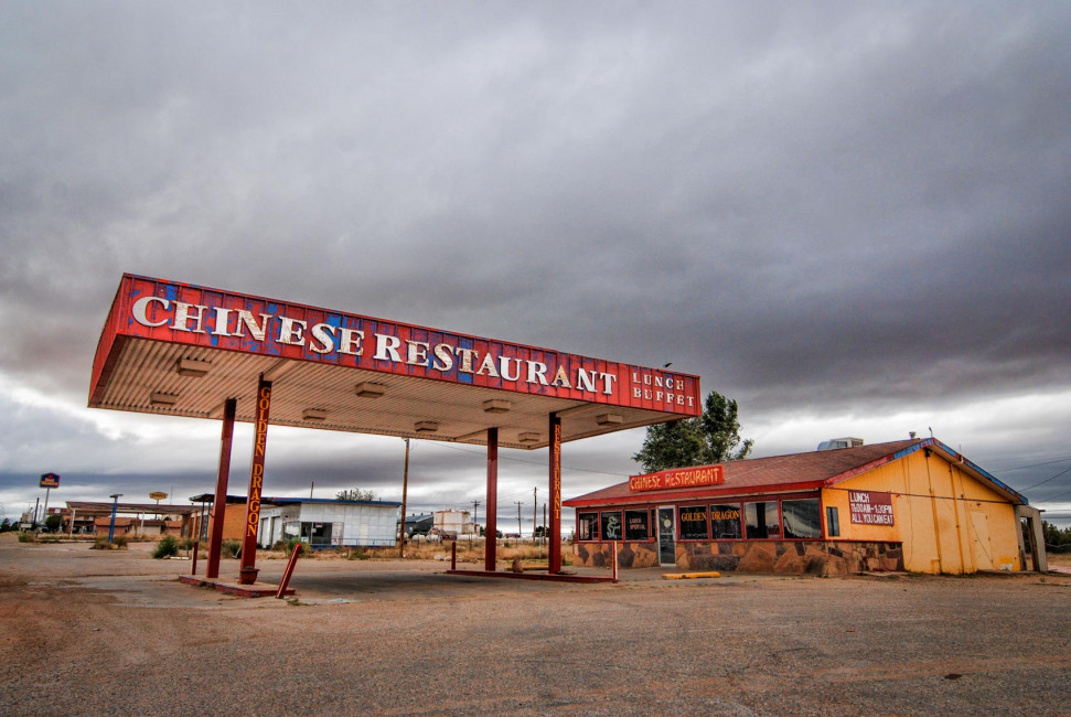 The gas station may be abandoned, but this Chinese restaurant is still in business!