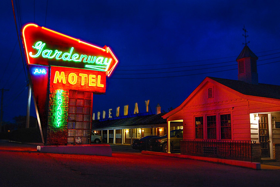 Classic neon still points travelers towards the Gardenway Motel in Villa Ridge, MO