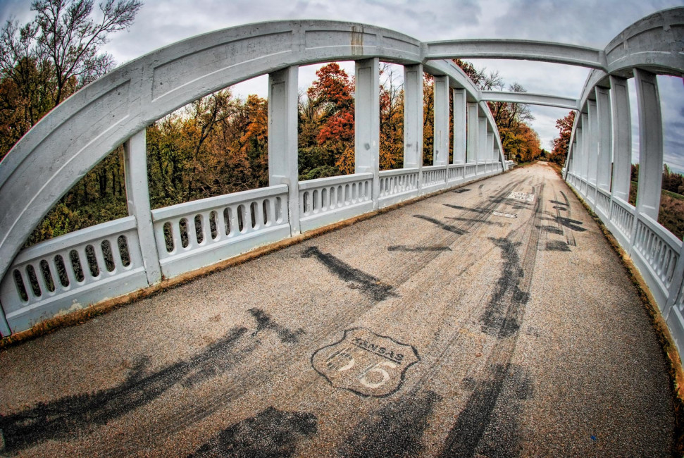 Route 66 crosses over Bush Creek in Riverton, KS, via the Rainbow Bridge