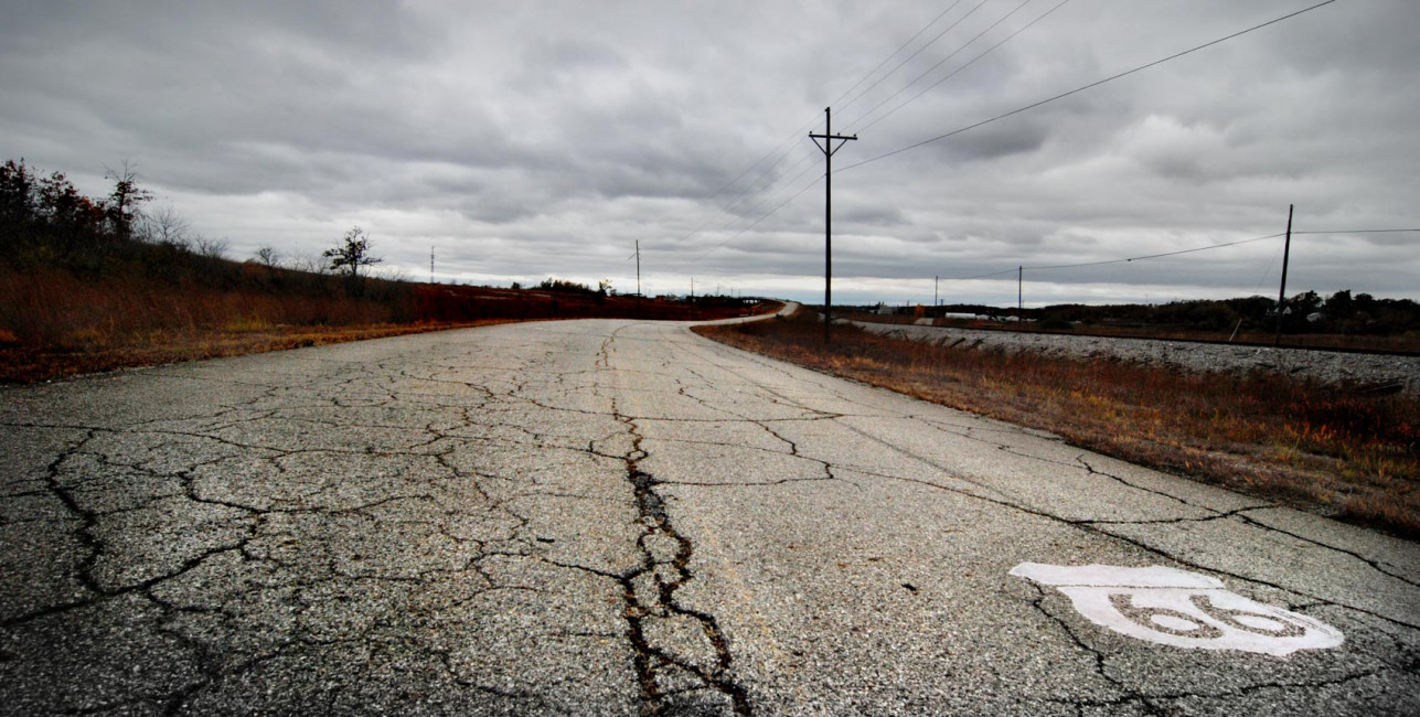 A crumbling old stretch of Route 66 passes through Kansas