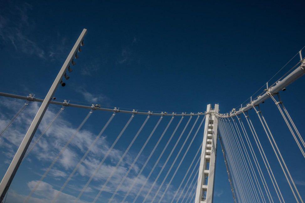 Looking up at the modern spans of the new Bay Bridge