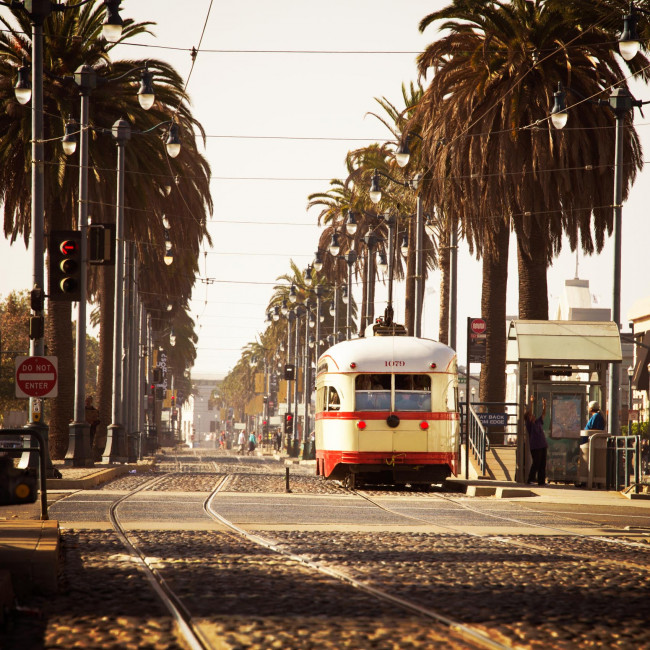 A Detroit streetcar runs down the Embarcadero in San Francisco