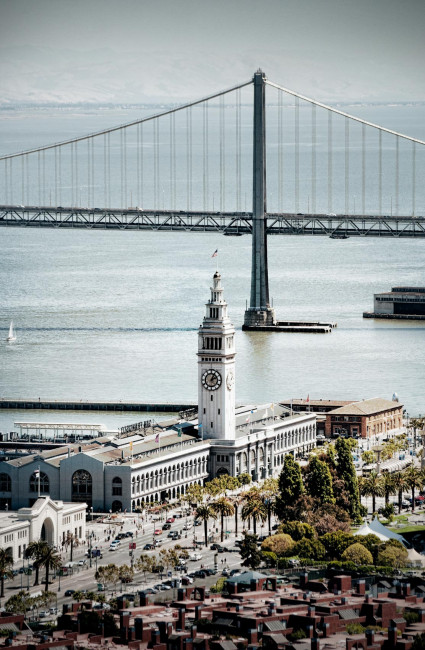 The Ferry Building and Bay Bridge in downtown SF