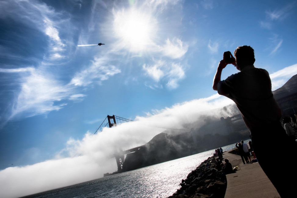 A photographer captures the trail of the Blue Angels during Fleet Week in Marin County