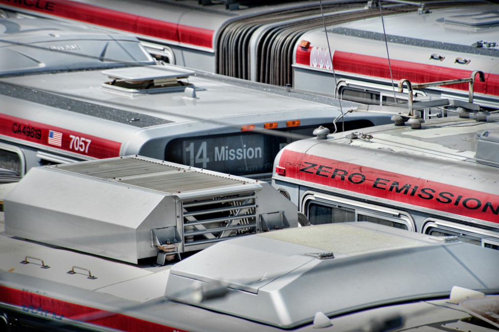 Most MUNI buses run on electric power, supplied by wires running above the streets