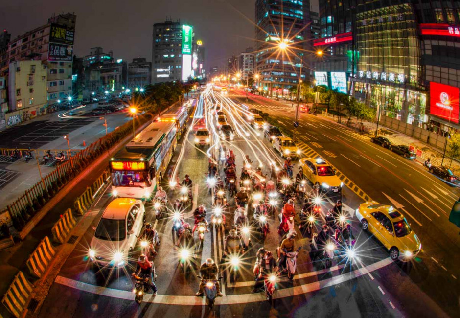 A 30 second exposure of a busy intersection in Taipei, Taiwan