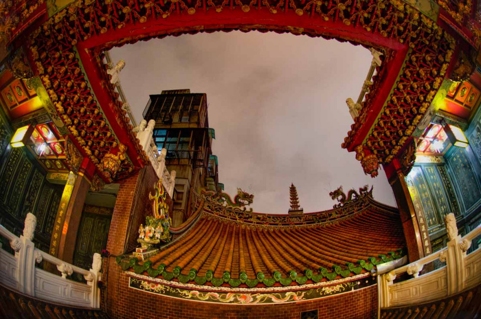 Looking up with a fisheye lens at the Qingshan Temple in Tainan