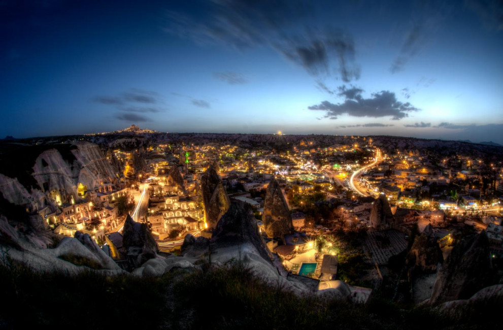 Blue hour over the town of Goreme in Cappadocia, Turkey