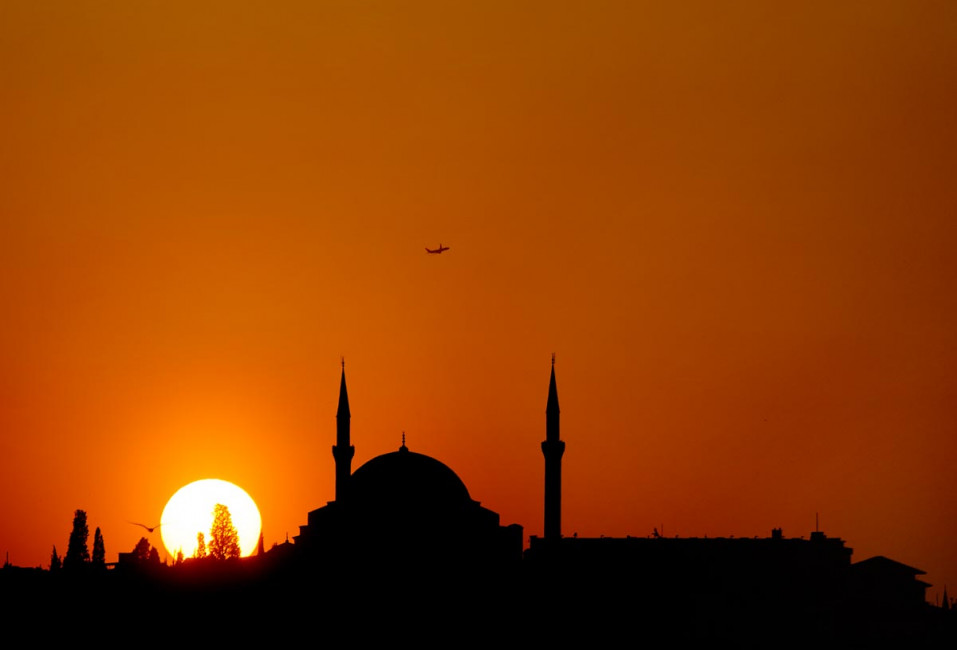 Sunset over the Gul Mosque in Istanbul, Turkey