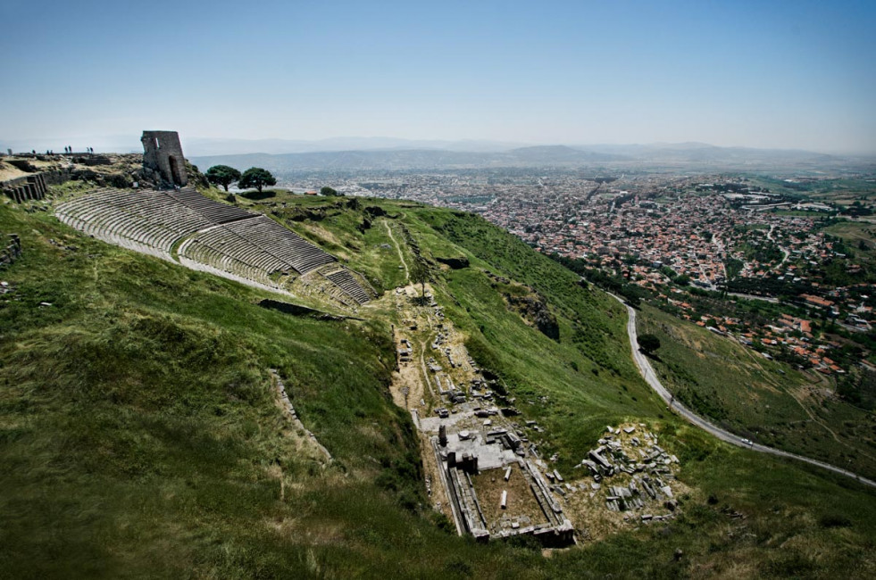 The ancient Pergamon Acropolis Theatre overlooks modern-day Bergama, Turkey