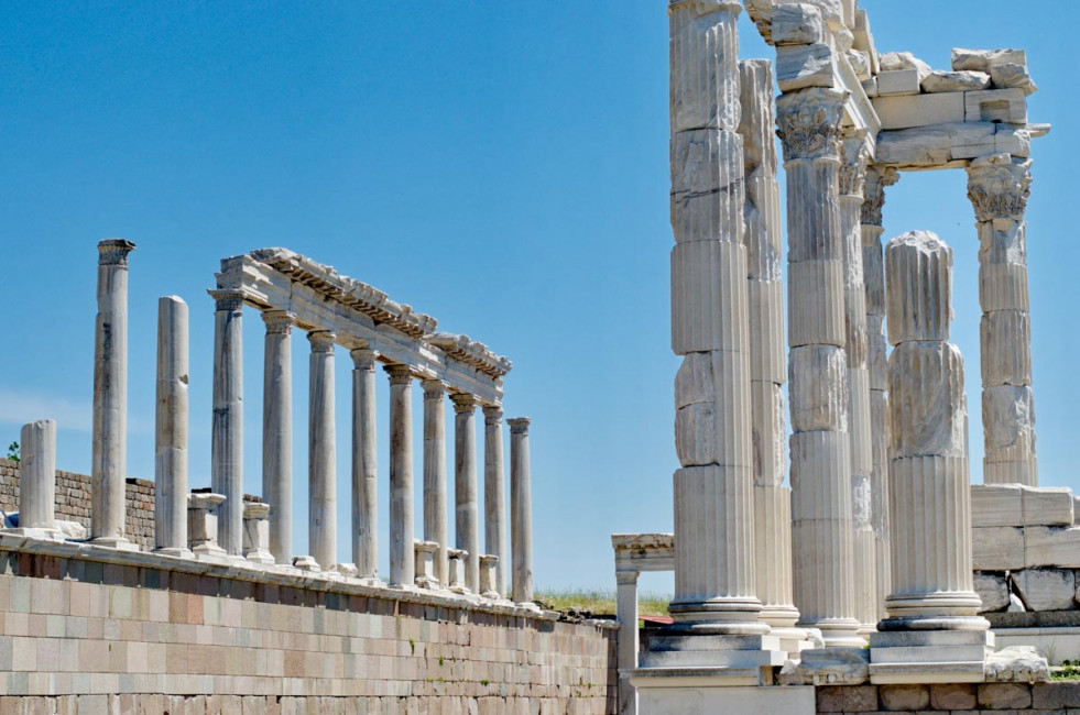 Columns are all that remains of the ancient Trajan Temple in the Pergamon Acropolis - Bergama, Turkey