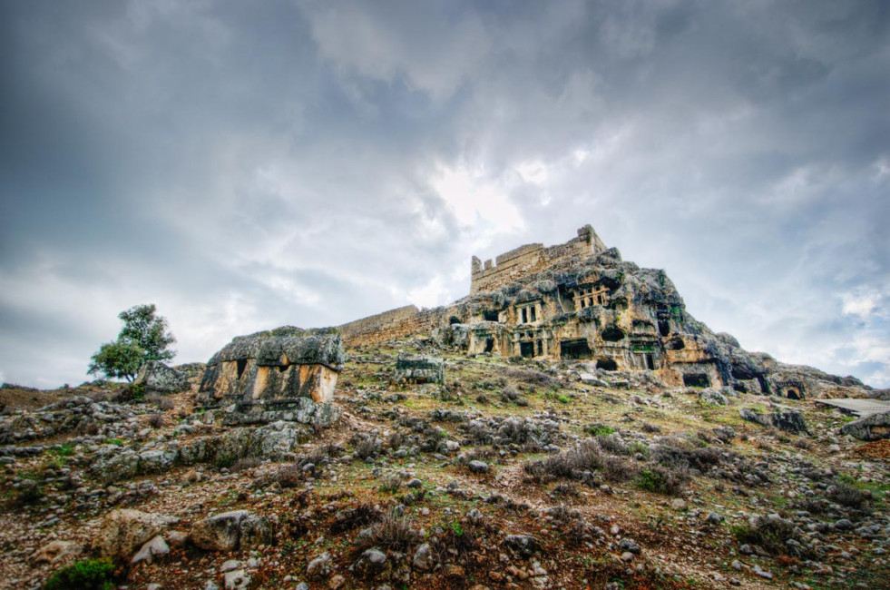 Ancient tombs at the Tlos ruins in Fethiye, Turkey