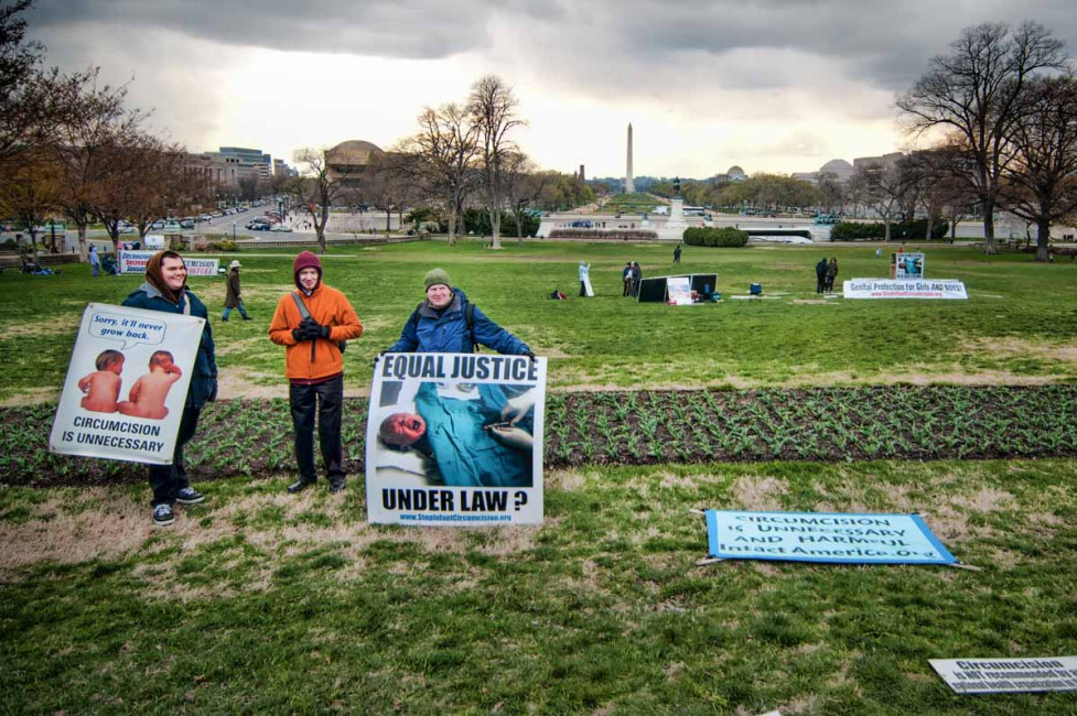 The National Mall is a popular place for protestors - like these men standing against circumcision
