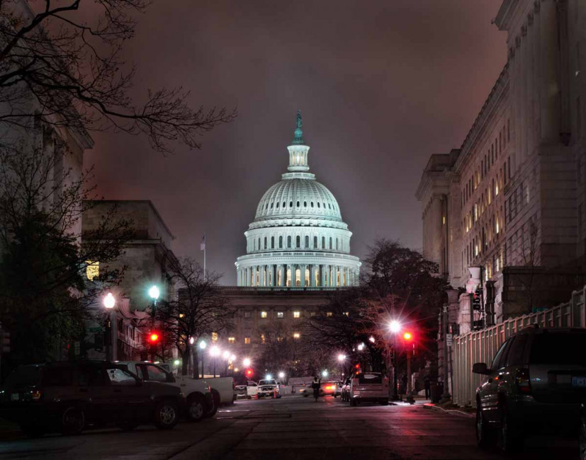 The US Capitol building at night