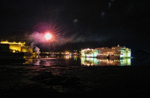 Fireworks over the floating palaces of Udaipir, India