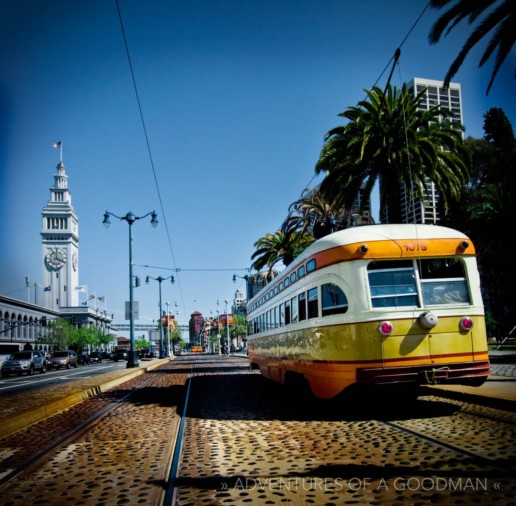 Streetcar #1075 from Cleveland, Ohio, along the Embarcadero in San Francisco, California