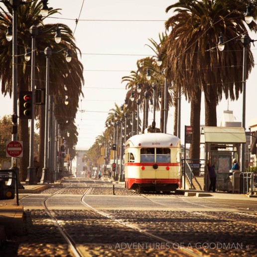 Streetcar #1075 from Cleveland, Ohio, along the Embarcadero in San Francisco, California