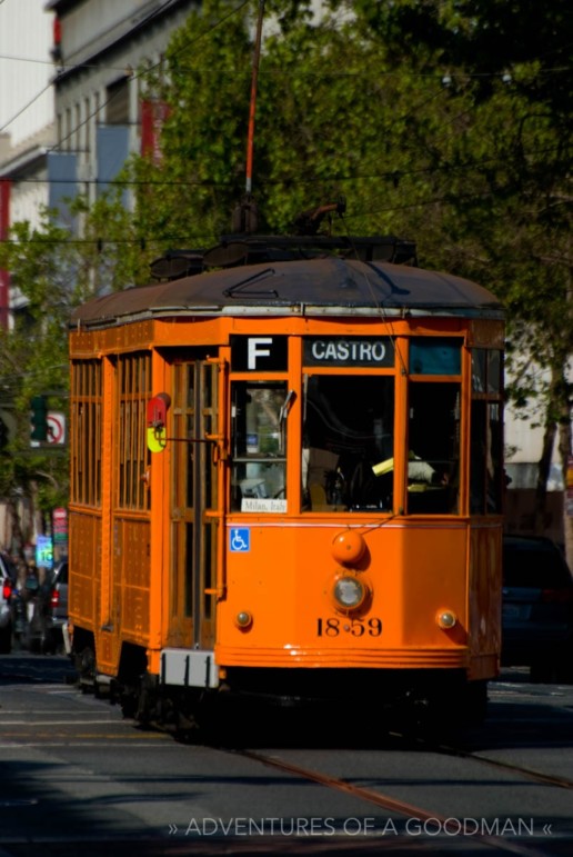 Streetcar #1859 from Milan, Italy, alongside the Ferry Building in San Francisco, California