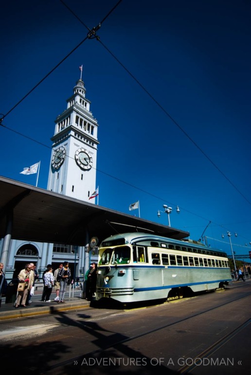 Streetcar #1060 from Philadelphia, Pennsylvania, alongside the Ferry Building in San Francisco, California