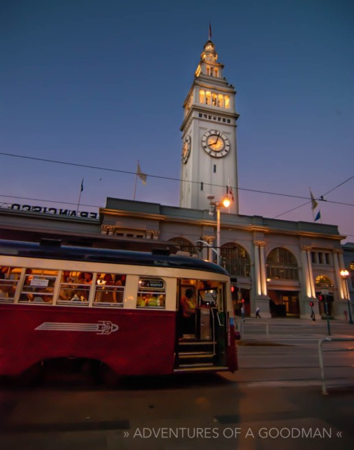 A streetcar from Philadelphia, Pennsylvania, alongside the Ferry Building in San Francisco, California