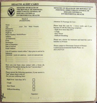 Swine flu health card - Bali, Indonesia