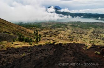 Fields of dried lava can be seen across Mt Batur in Bali, Indonesia