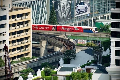 A metro train in the Ratchadamri district of Bangkok, Thailand