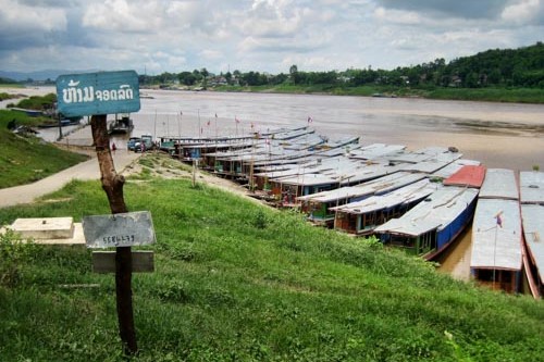 Slow boats on the Mekong River in Pakbeng, Laos