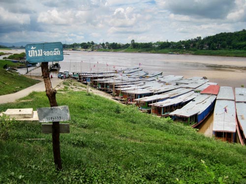 Slow boats on the Mekong River in Pakbeng, Laos