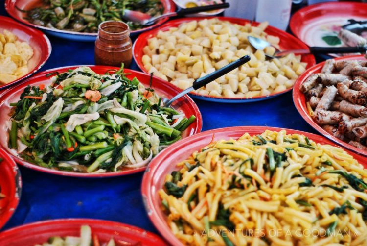 A buffet of typical food in Laos