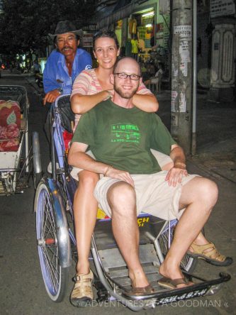 Me and Carrie in a 'Xemo' cyclo taxi in Hue