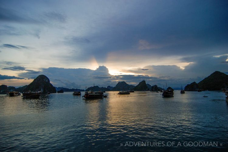 Sunset over Halong Bay in Vietnam
