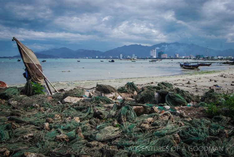 The beach of Nah Trang is covered with fishing nets