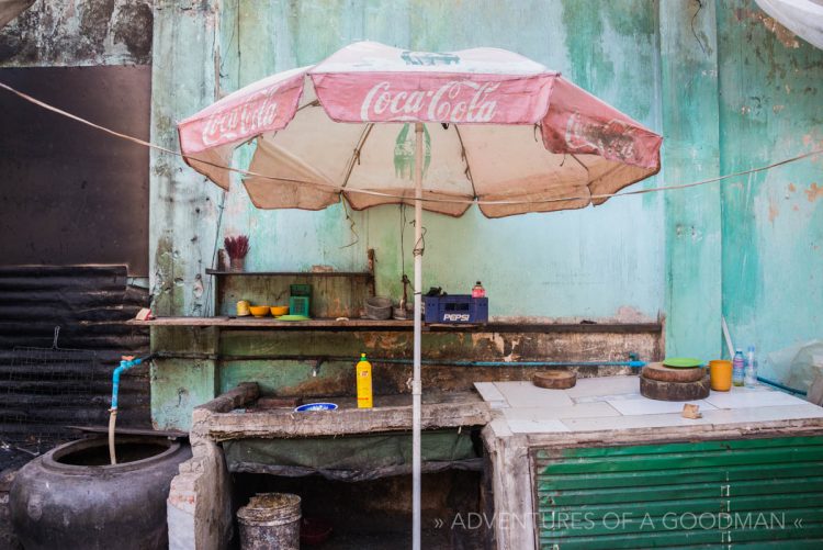 An outdoor kitchen alongside the Mekong River in Cambodia