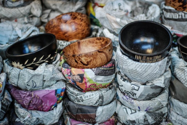 Traditional wooden bowls for sale in Bangkok, Thailand