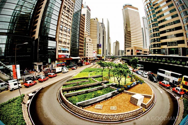 A traffic circle in downtown Hong Kong