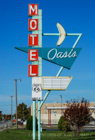 A sign for the Oasis Motel on Route 66 in Tulsa, Oklahoma