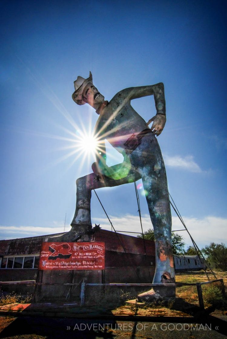 Tex Randall — the biggest Texan — on Route 66 in Randall, Texas