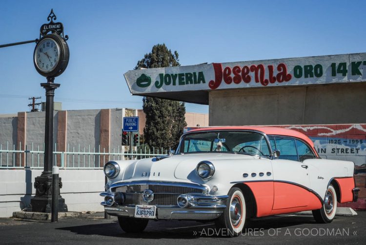 An old Buick alongside a jewelry store in Barstow, California
