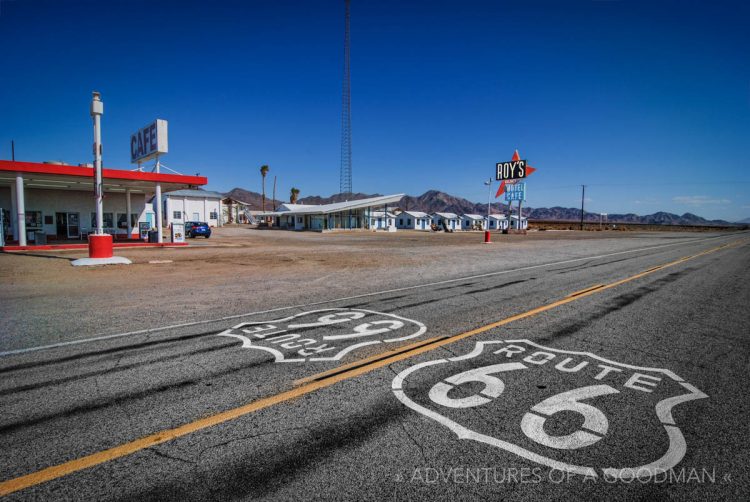 Route 66 runs alongside Roy's Cafe and Motel in Amboy, California