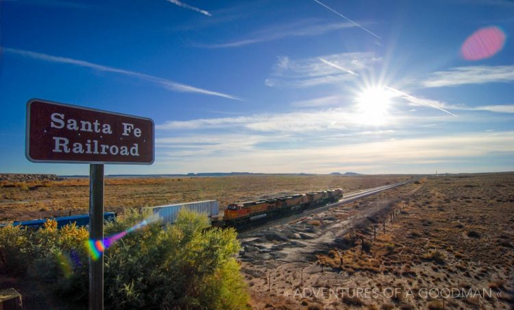 The Santa Fe Railroad runs alongside Route 66 in Petrified Forest National Park, Arizona