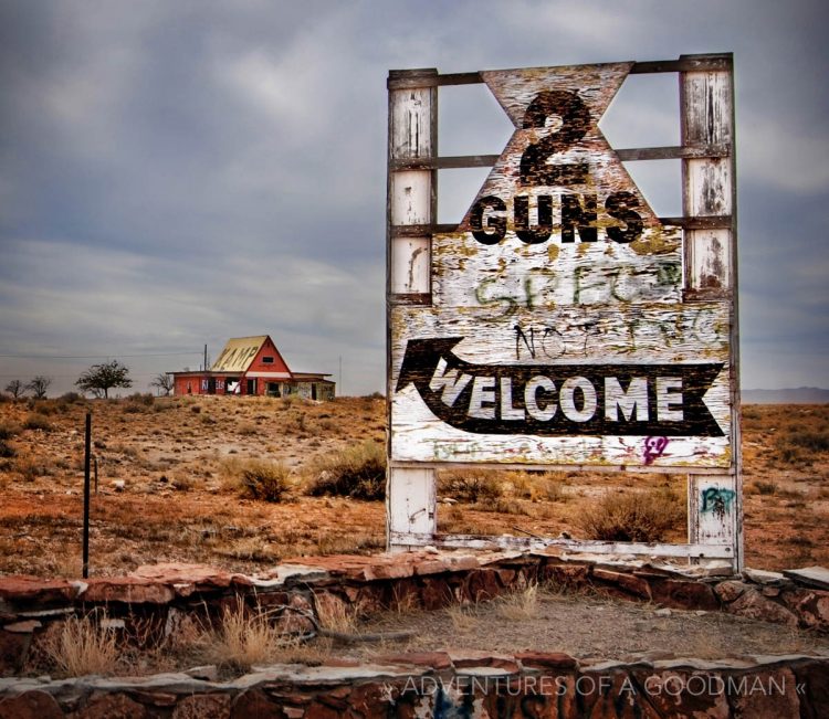 The entrance to the abandoned ghost town of Two Guns, Arizona