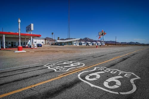 Route 66 runs alongside Roy's Cafe and Motel in Amboy, California