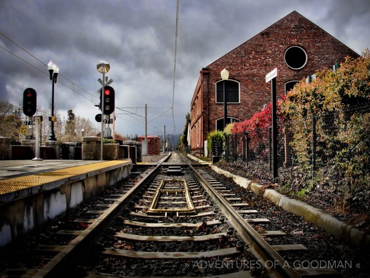 A light rail commuter train station in the South Bay town of Campbell, California