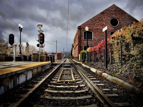 A light rail commuter train station in the South Bay town of Campbell, California