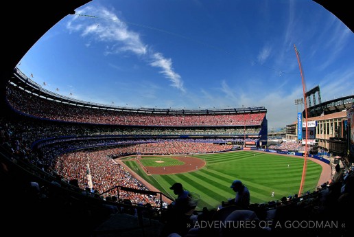 A fisheye view of Shea Stadium during a Mets - Braves game in 2008