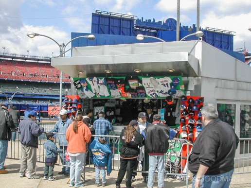 After leaving the subway station, you could stop at this souvenir stall to stock up on Mets gear